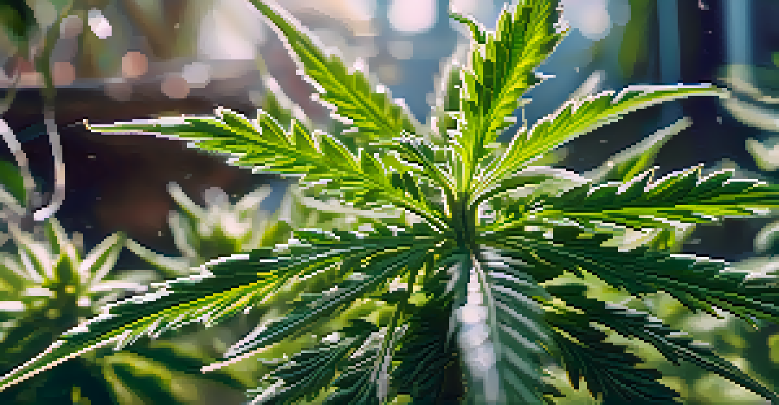 A close-up view of a healthy cannabis plant with glistening trichomes in sunlight.