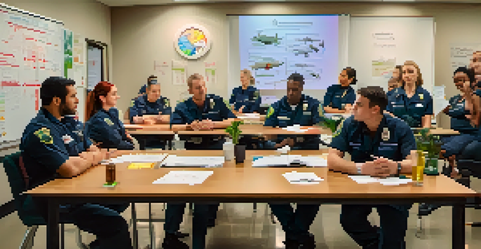 A diverse group of emergency responders in a training session about marijuana effects, with a whiteboard and a collaborative atmosphere.