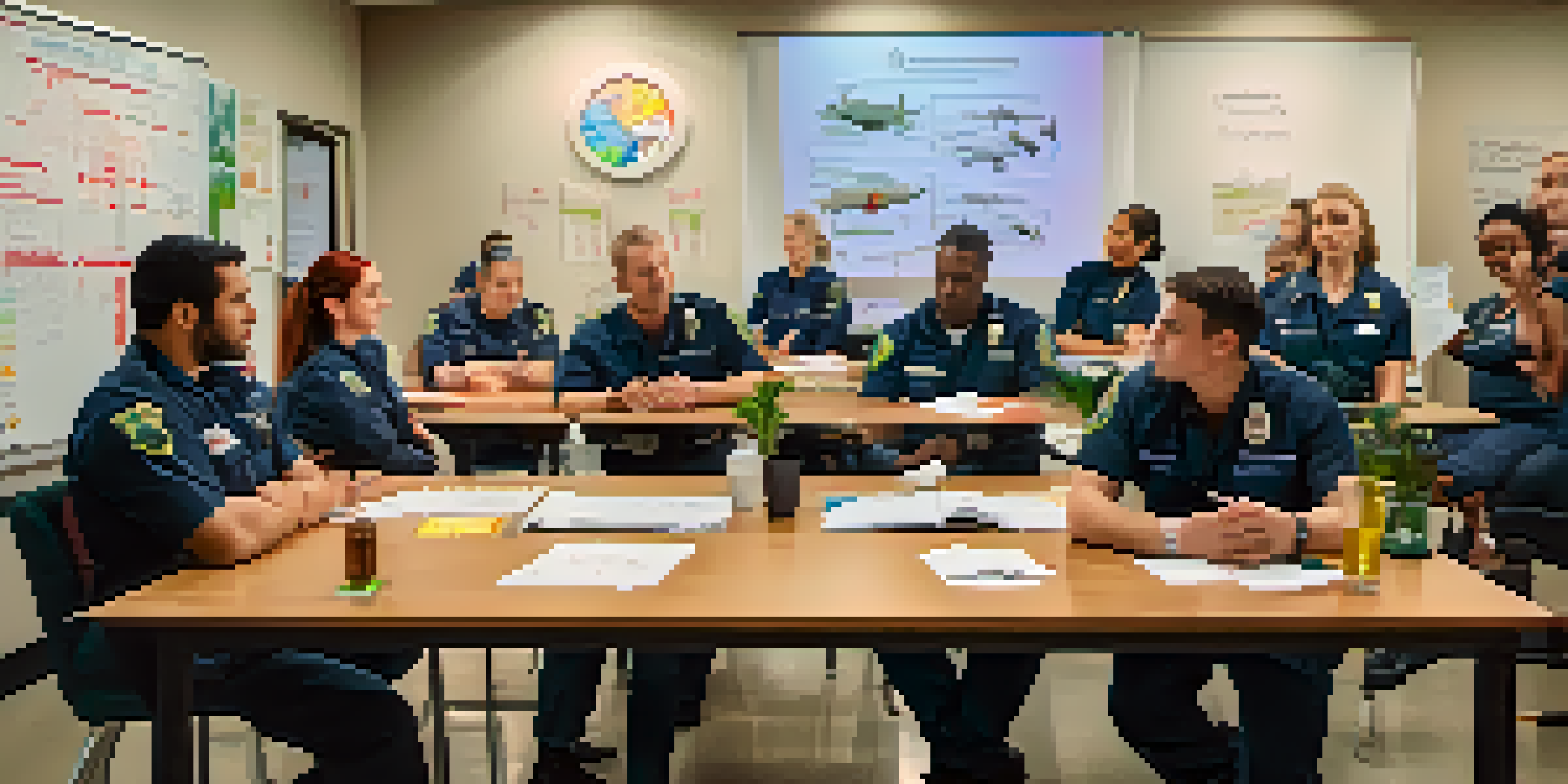 A diverse group of emergency responders in a training session about marijuana effects, with a whiteboard and a collaborative atmosphere.