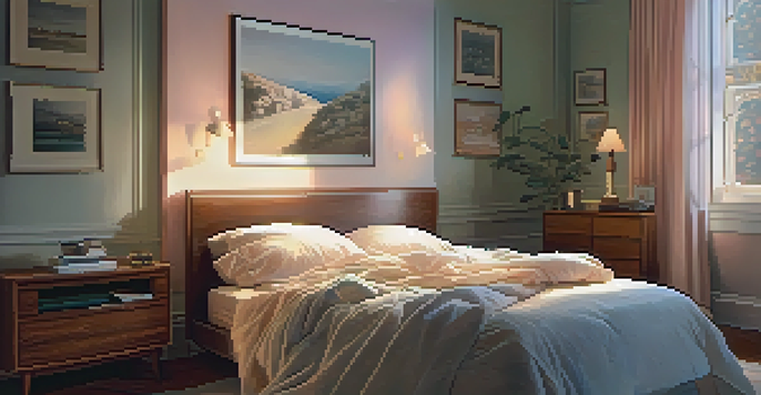 An elderly man sleeping peacefully in a cozy bedroom with warm lighting and pastel colors.