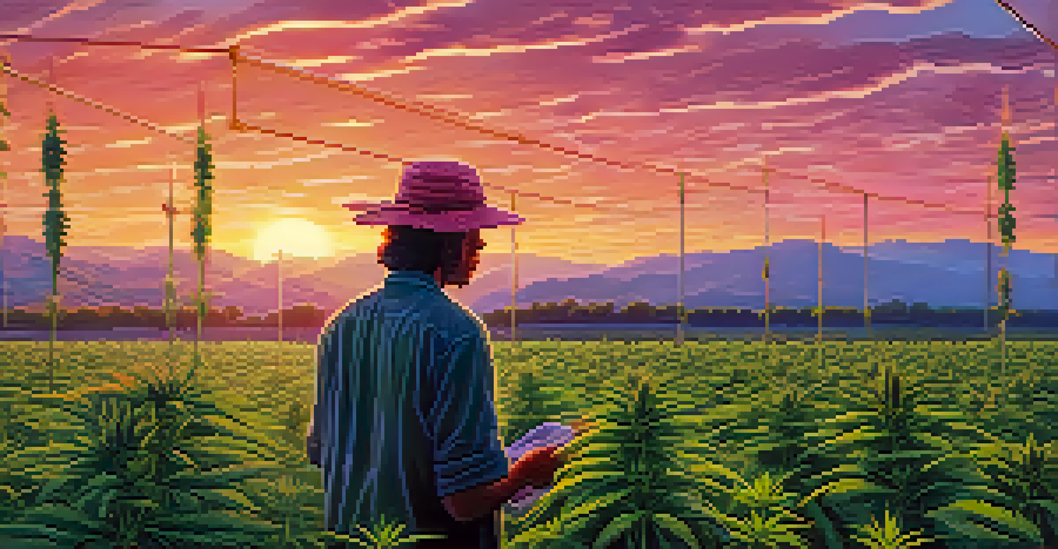 An outdoor cannabis farm during sunset with rows of green plants and a farmer inspecting them.