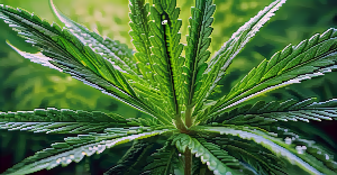 A detailed close-up of a cannabis plant with dewdrops on its leaves, set against a softly blurred background.