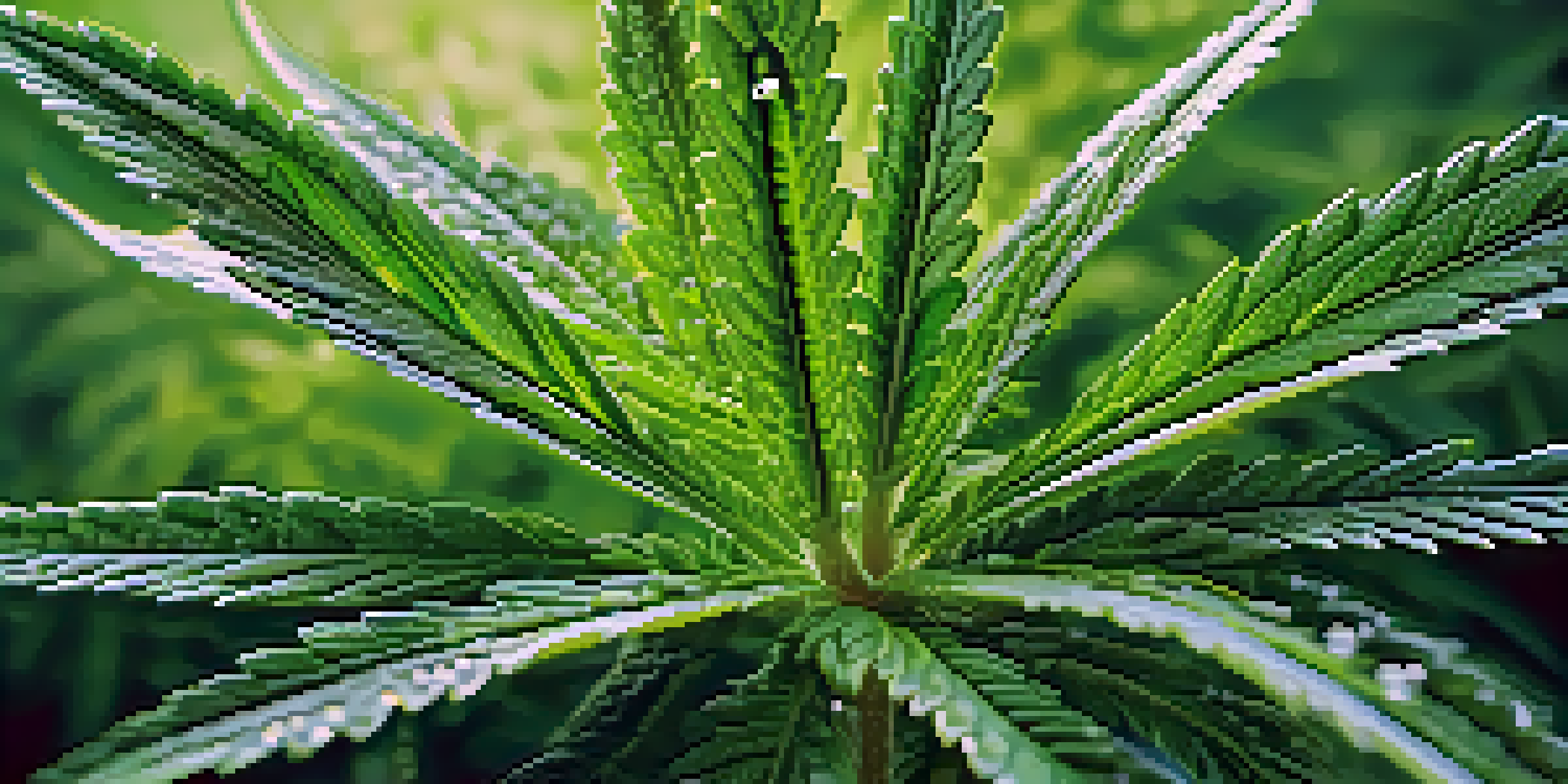 A detailed close-up of a cannabis plant with dewdrops on its leaves, set against a softly blurred background.