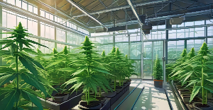 A close-up of a healthy cannabis plant in a greenhouse, with visible smart sensors and irrigation devices, illuminated by natural light.