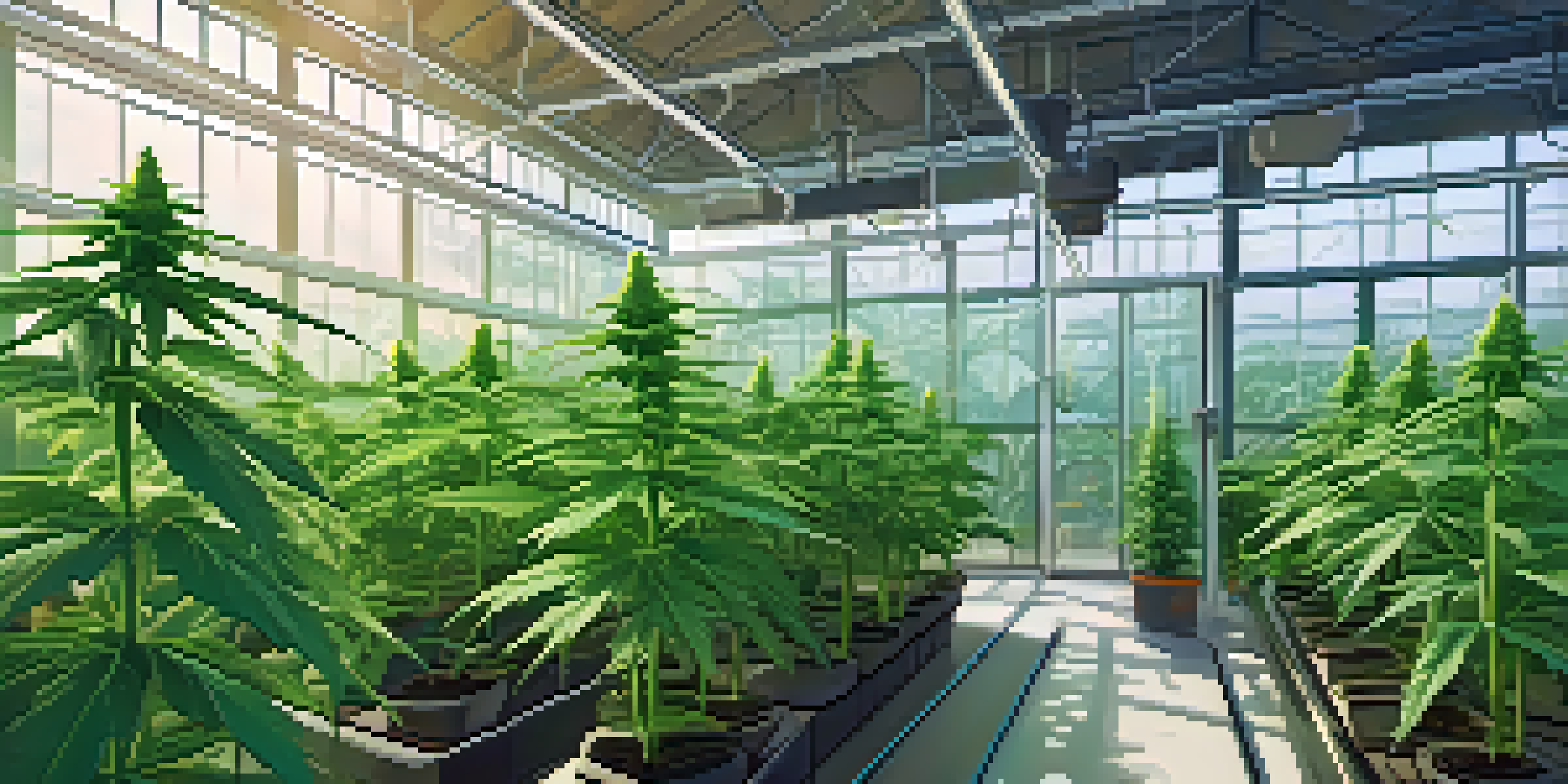 A close-up of a healthy cannabis plant in a greenhouse, with visible smart sensors and irrigation devices, illuminated by natural light.