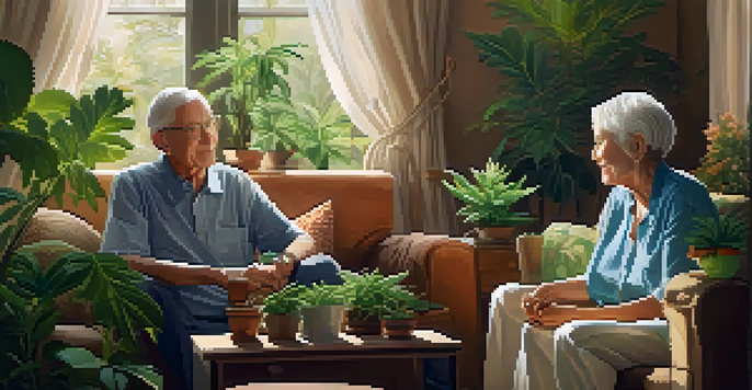 An elderly couple sitting on a couch inside their home, talking with a cannabis plant on the table.