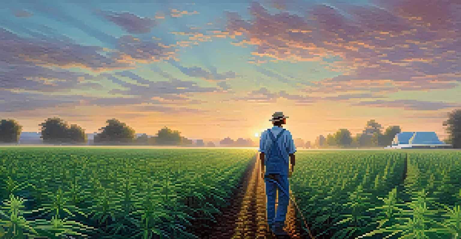 A cannabis farm at sunrise with rows of plants and a farmer tending to them.