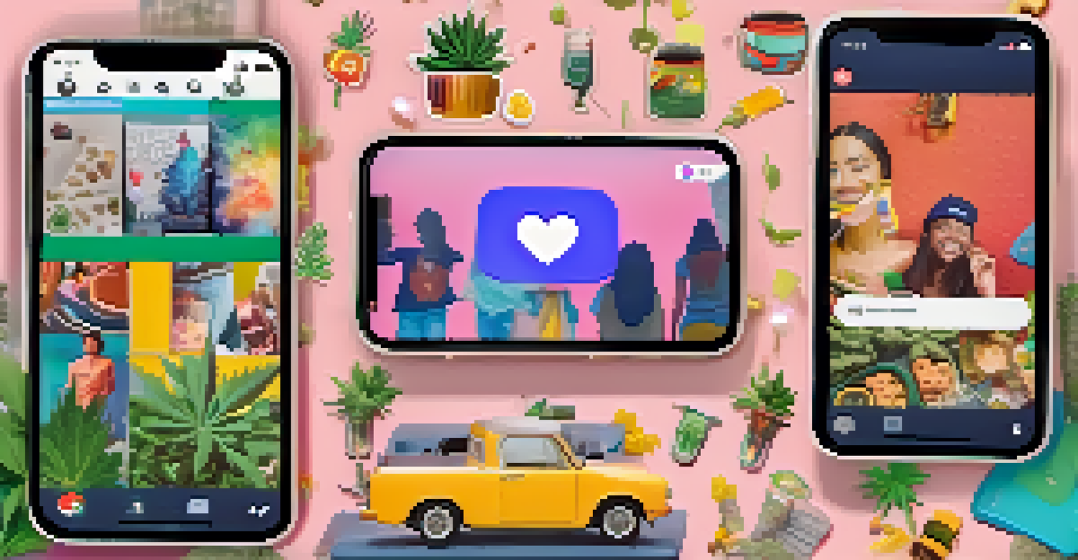 A smartphone screen displaying a lively social media feed about marijuana culture in a cozy room.