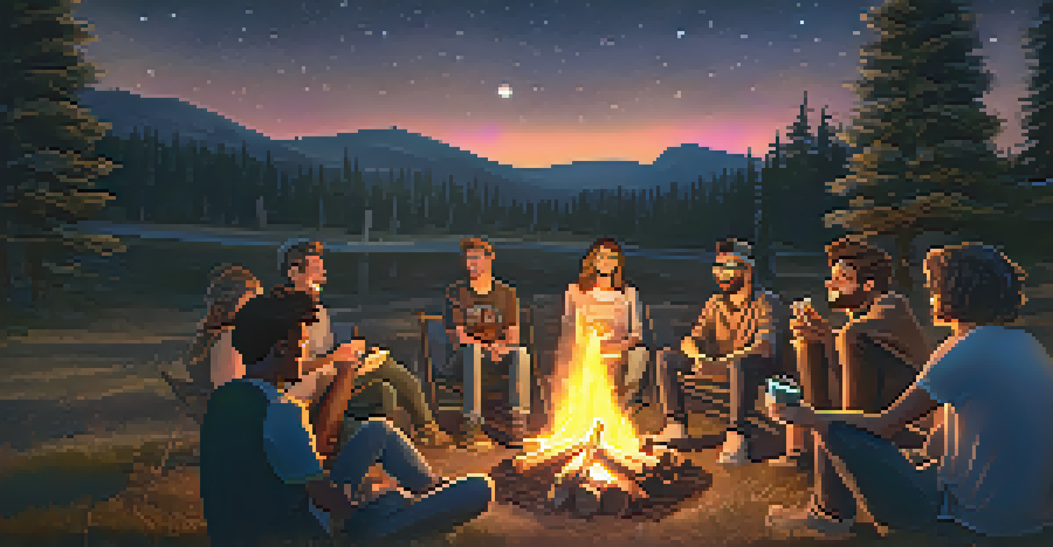 A group of friends in a virtual reality setting around a campfire under a starry sky, sharing laughter and enjoying each other's company.