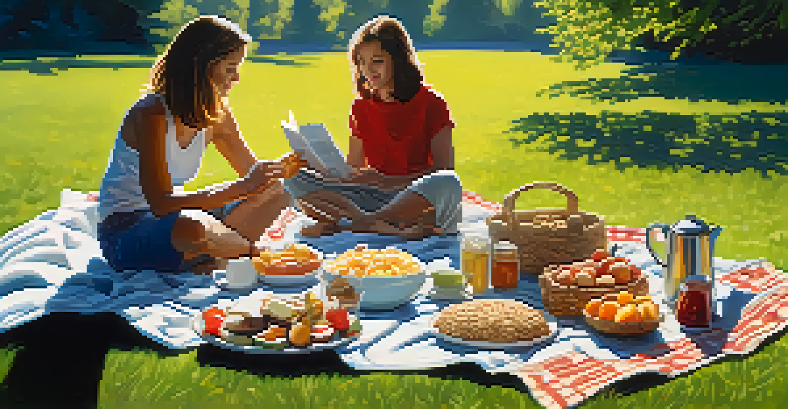 A picnic scene on the grass with healthy snacks and a person enjoying herbal tea, showcasing mindfulness in eating.