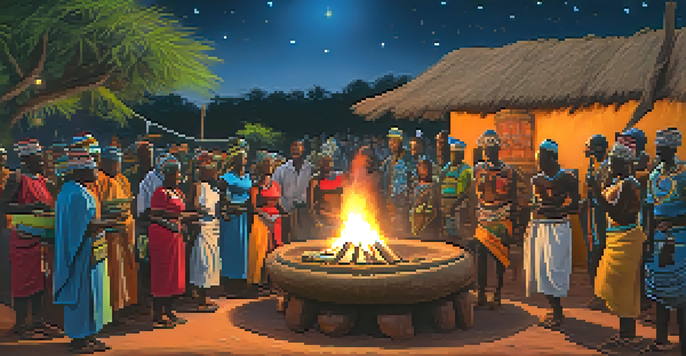 A group of people in traditional African attire participating in a cannabis ceremony around a fire at night, with smoke and musical instruments visible.