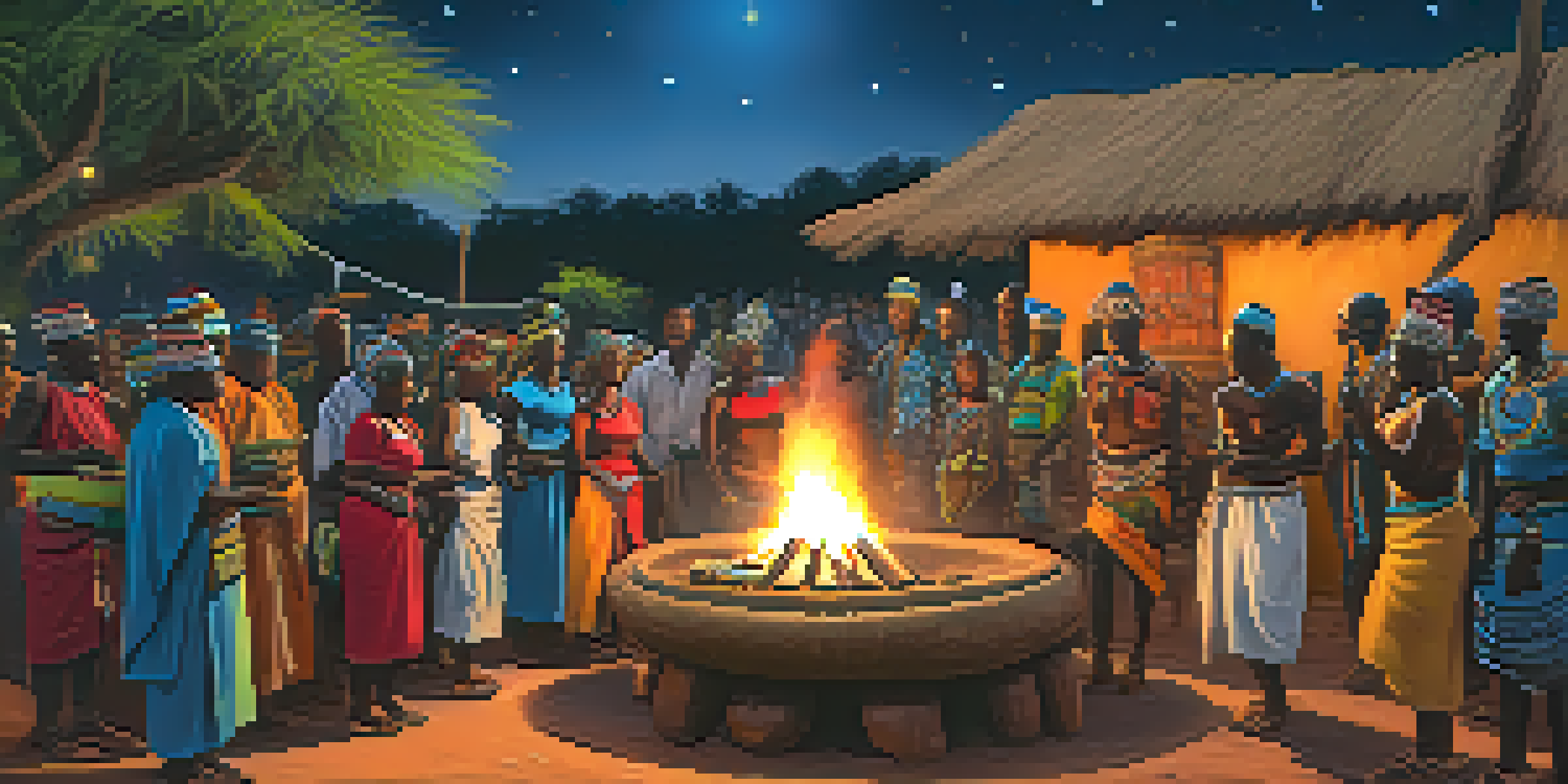 A group of people in traditional African attire participating in a cannabis ceremony around a fire at night, with smoke and musical instruments visible.