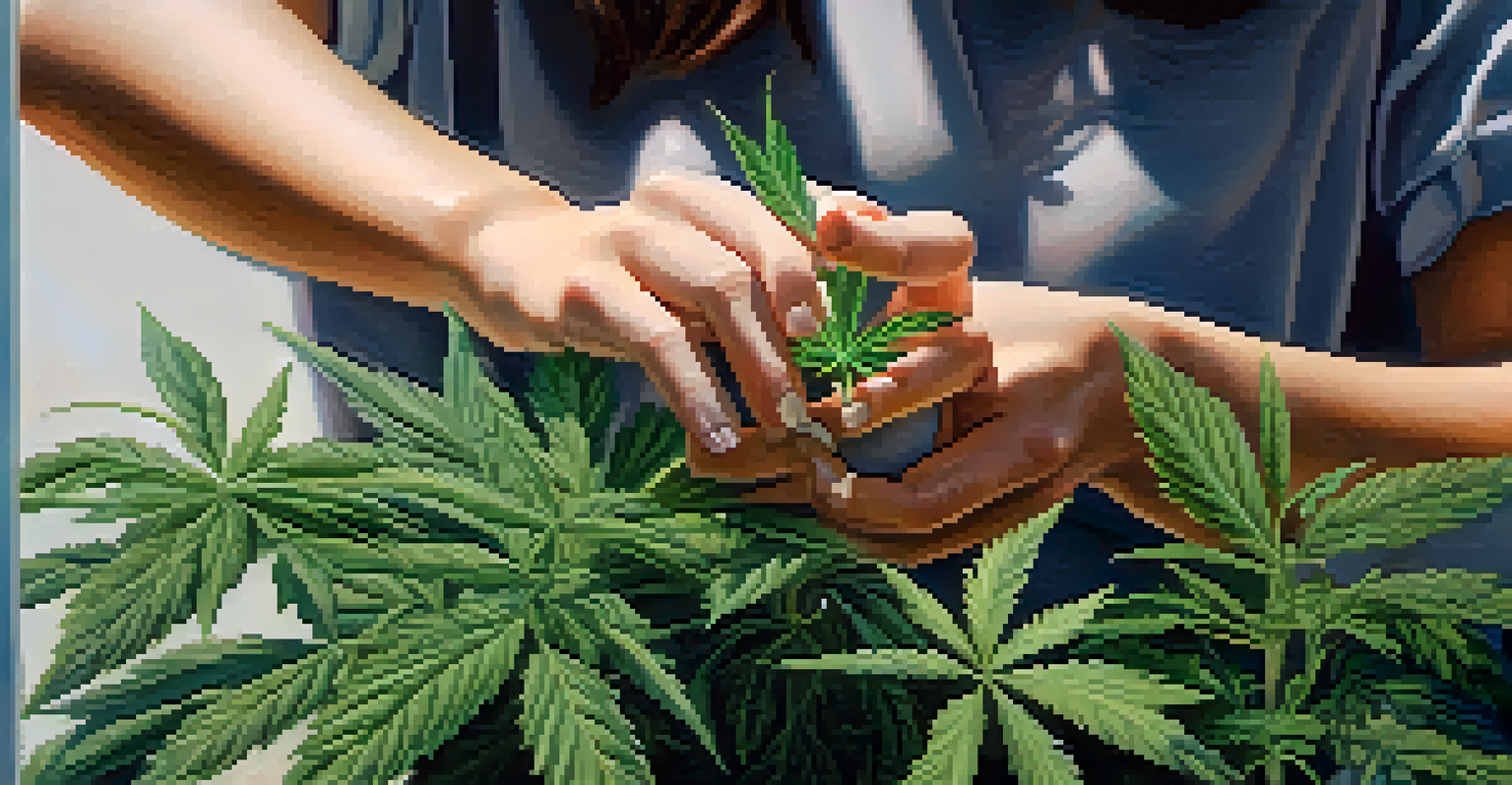 Close-up of a woman’s hands holding a cannabis plant with soft lighting and a blurred garden background.