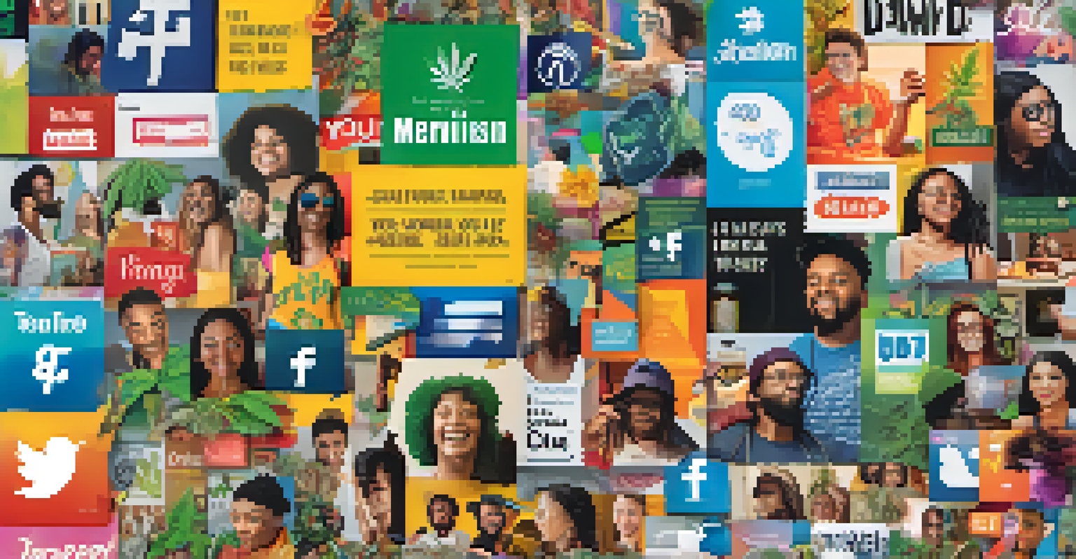 A vibrant graphic representing a social media campaign for marijuana advocacy, featuring a collage of personal stories and digital elements.