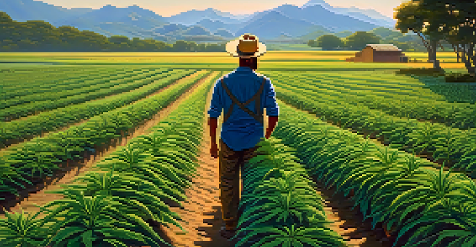 A vibrant cannabis farm with lush green plants under a blue sky, featuring a farmer inspecting the plants against a mountainous backdrop.
