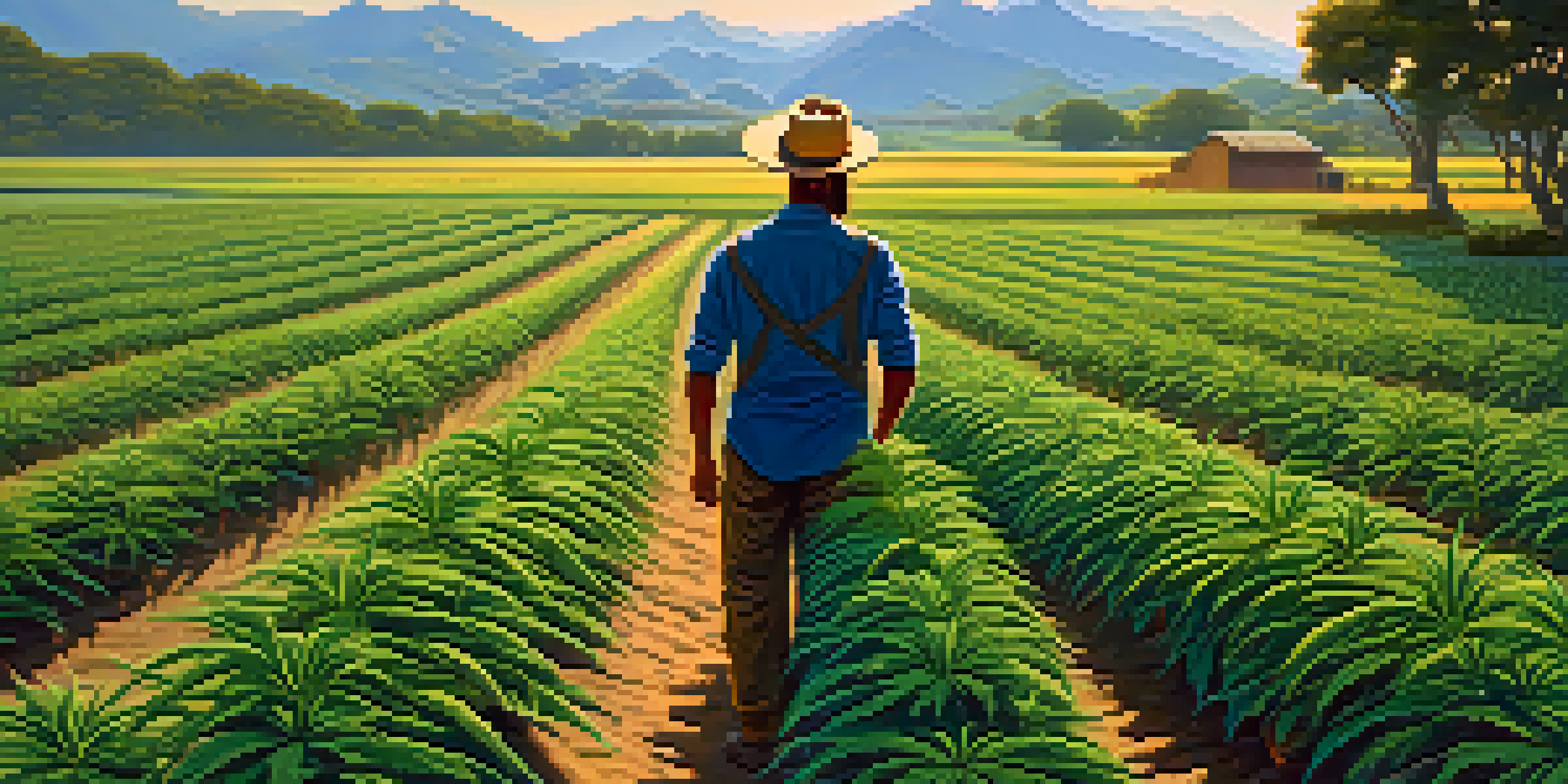 A vibrant cannabis farm with lush green plants under a blue sky, featuring a farmer inspecting the plants against a mountainous backdrop.
