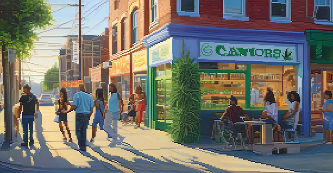 A bustling street scene with a cannabis dispensary, featuring diverse individuals talking, colorful murals on the shop, and warm afternoon sunlight.