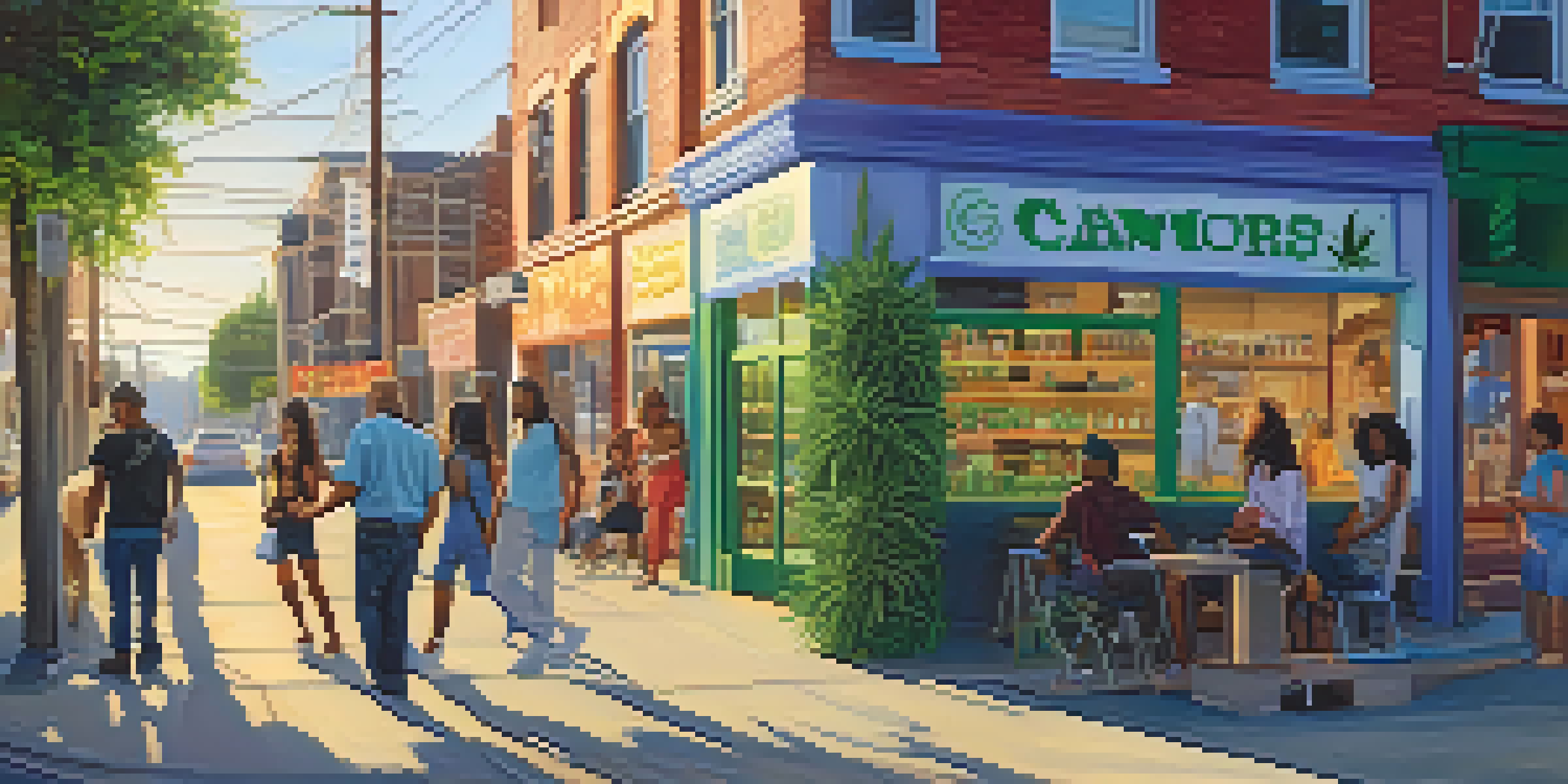 A bustling street scene with a cannabis dispensary, featuring diverse individuals talking, colorful murals on the shop, and warm afternoon sunlight.