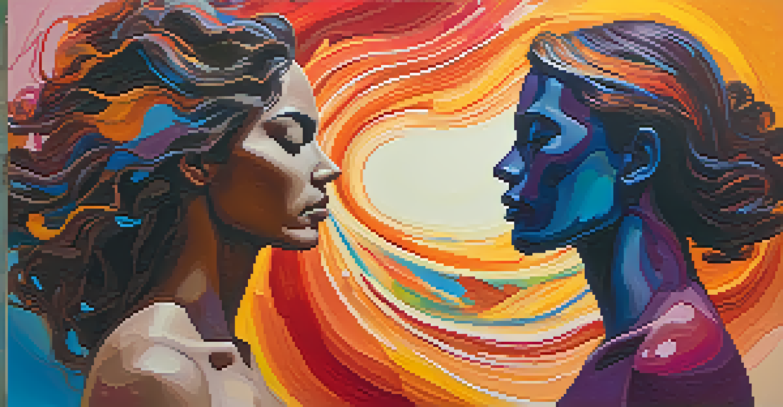 Silhouettes of a man and woman surrounded by colorful swirls, depicting their different experiences of pain.
