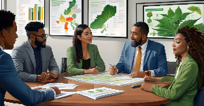 A diverse group of people engaged in discussion about cannabis regulations in a bright office environment.