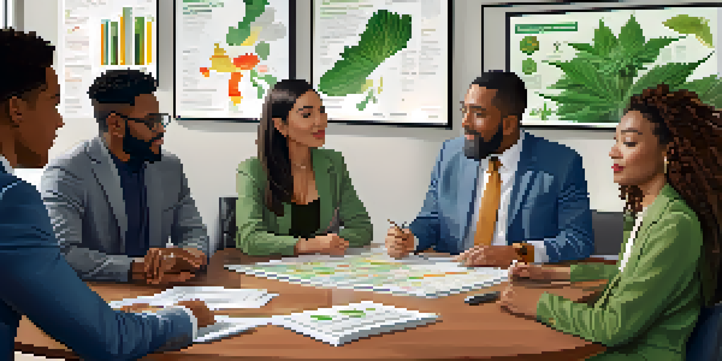 A diverse group of people engaged in discussion about cannabis regulations in a bright office environment.