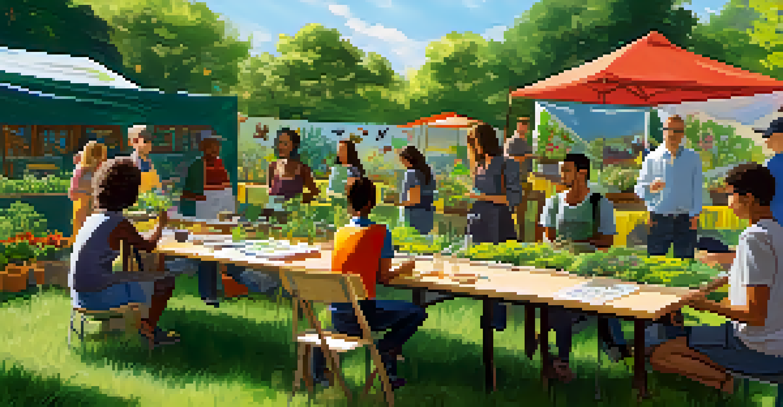 A group of people attending a gardening workshop in a sunny community garden, learning about sustainable agriculture with various plants and tools.