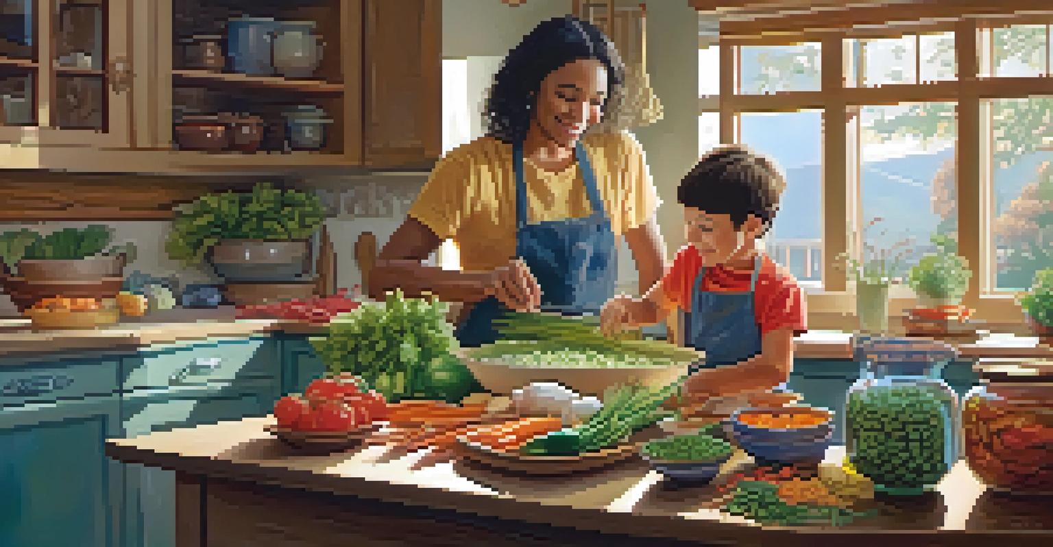 A parent cooking in a cozy kitchen with a child helping, surrounded by fresh ingredients and natural light.