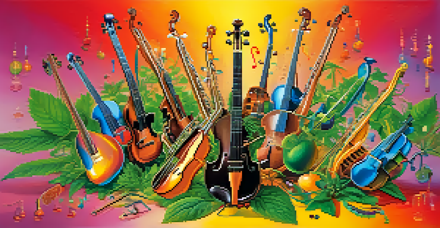An artistic illustration of the endocannabinoid system depicted as an orchestra with cannabinoid molecules as instruments, on a colorful gradient background.