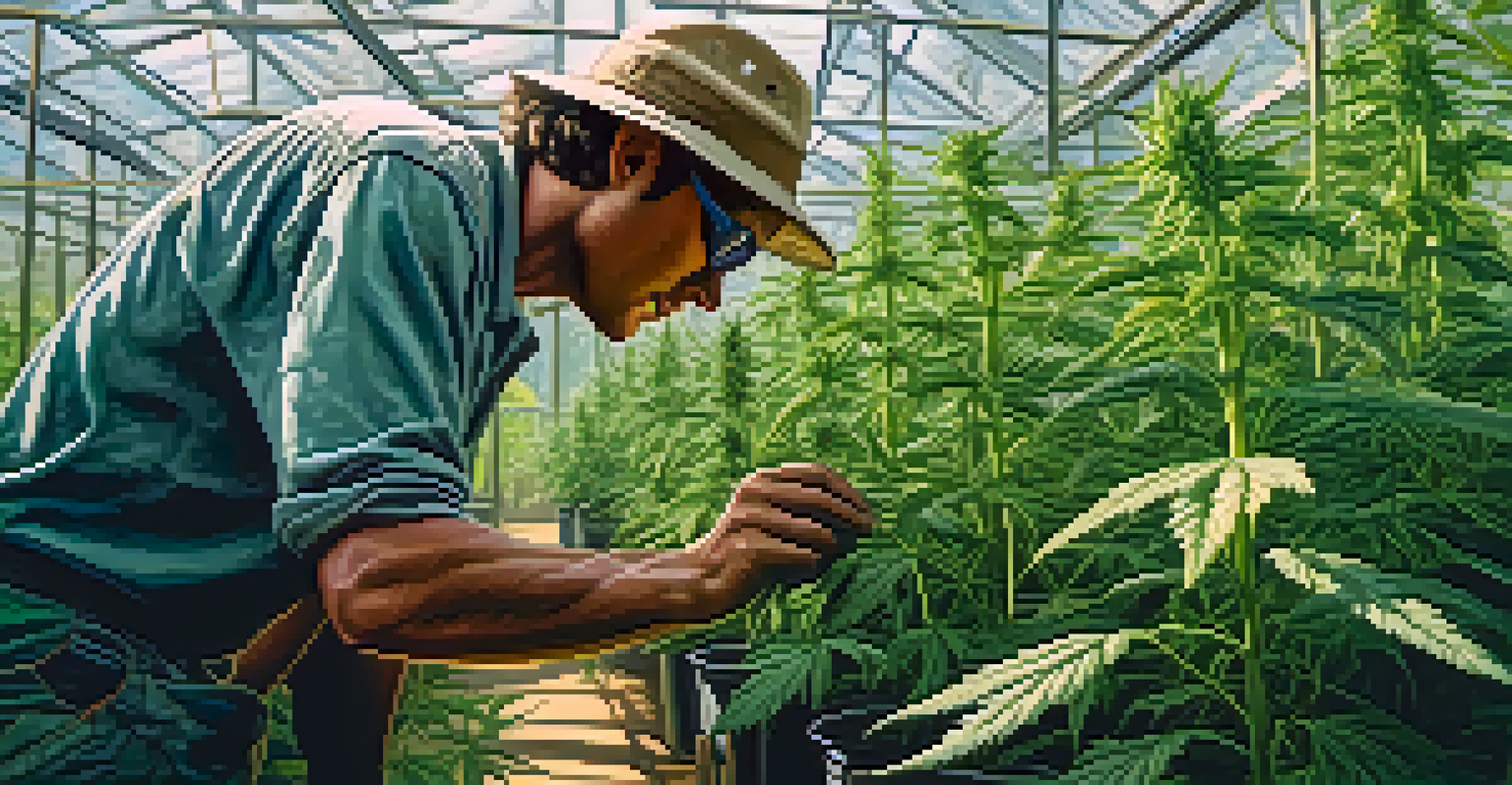 A close-up of a worker caring for cannabis plants in a greenhouse, highlighting the agricultural aspect of the industry.