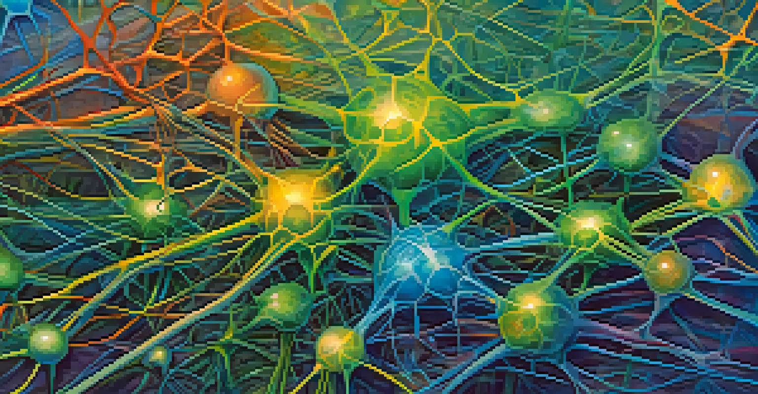 An abstract illustration of the human endocannabinoid system with cannabinoids represented as colorful orbs.