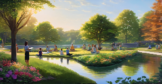 A peaceful park scene with people practicing yoga, reading, and enjoying nature under warm sunlight with blooming flowers.