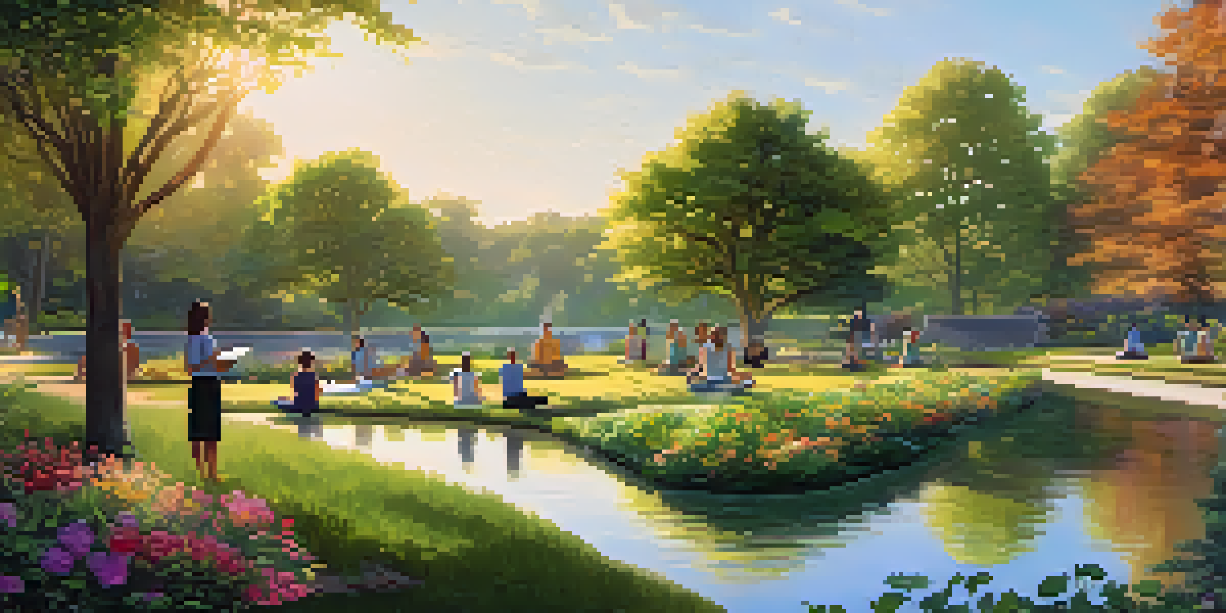 A peaceful park scene with people practicing yoga, reading, and enjoying nature under warm sunlight with blooming flowers.