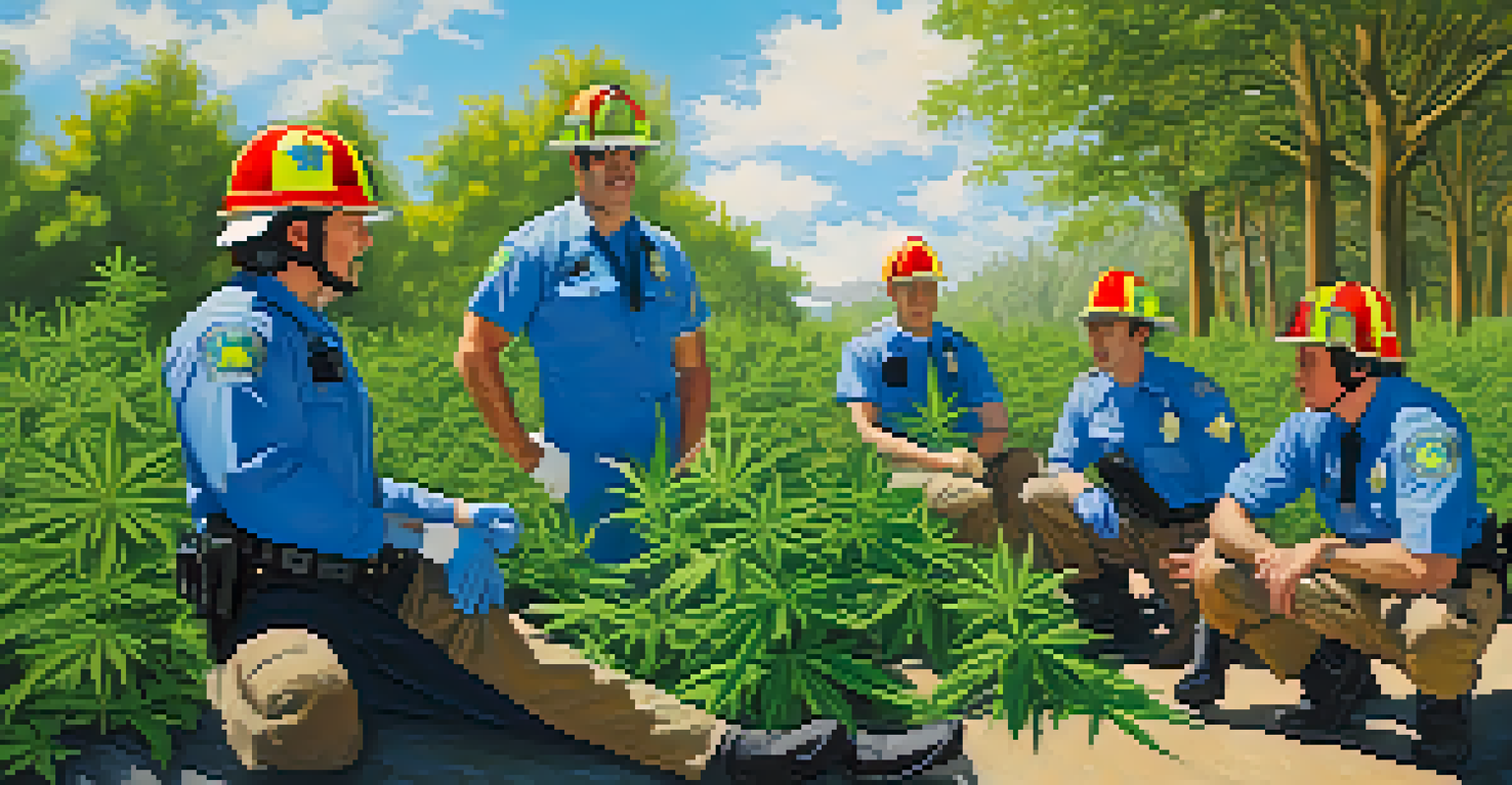 First responders in training outdoors, focusing on communication skills related to cannabis use during emergencies.