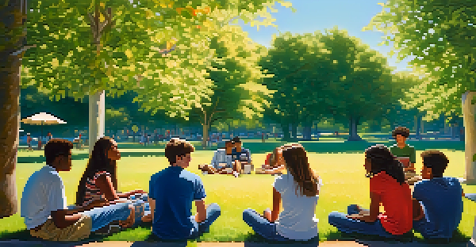 A group of teenagers in a park having a thoughtful discussion surrounded by greenery and flowers.