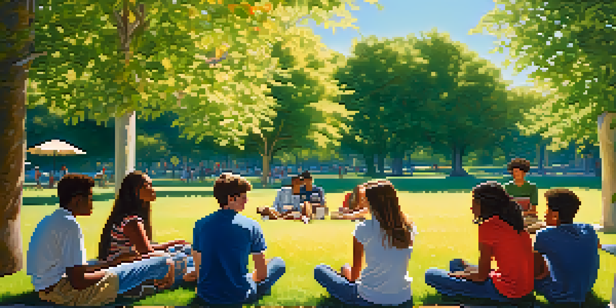 A group of teenagers in a park having a thoughtful discussion surrounded by greenery and flowers.