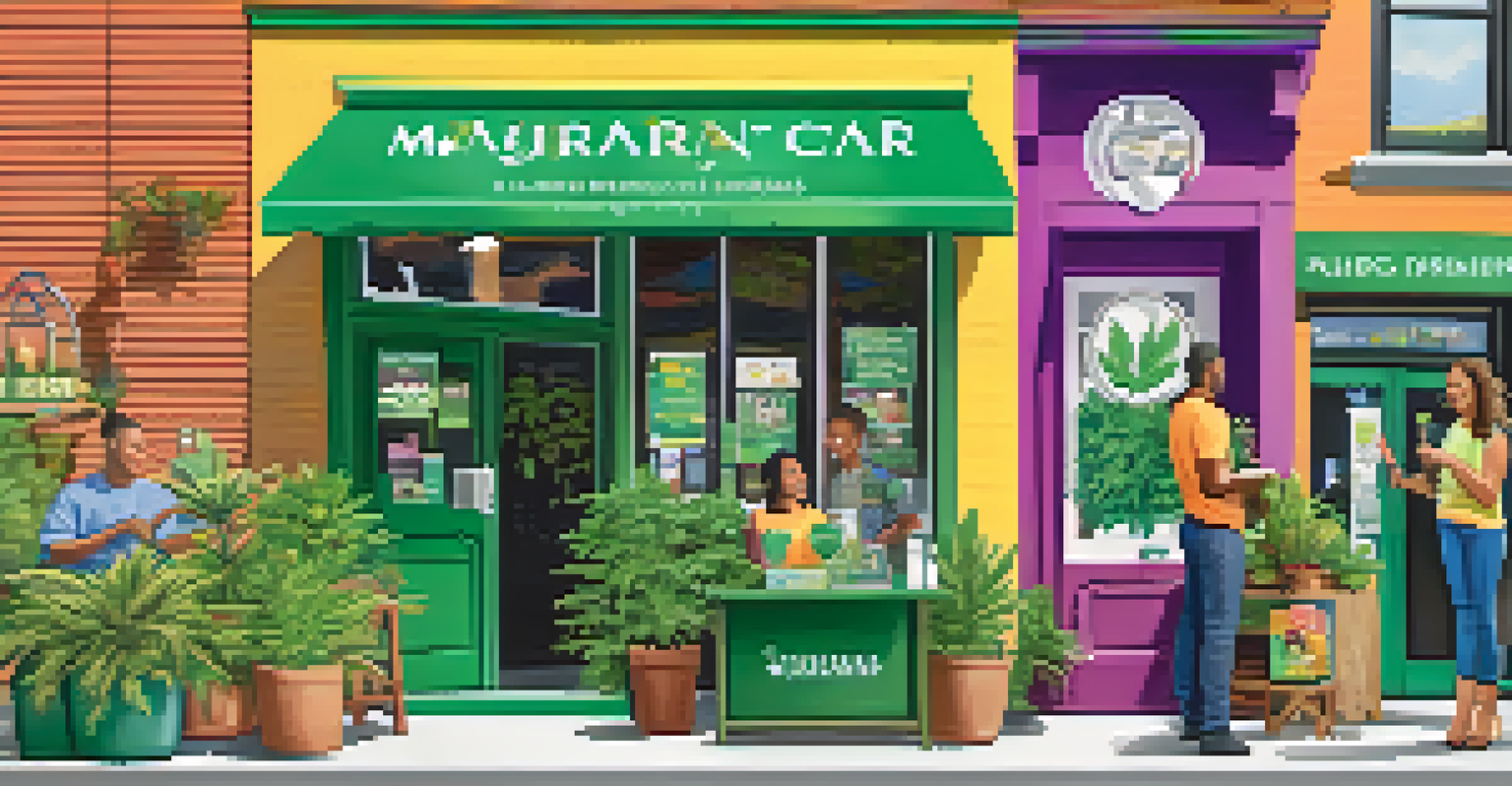 A lively marijuana dispensary hosting a community event, engaging with attendees about resources and information.