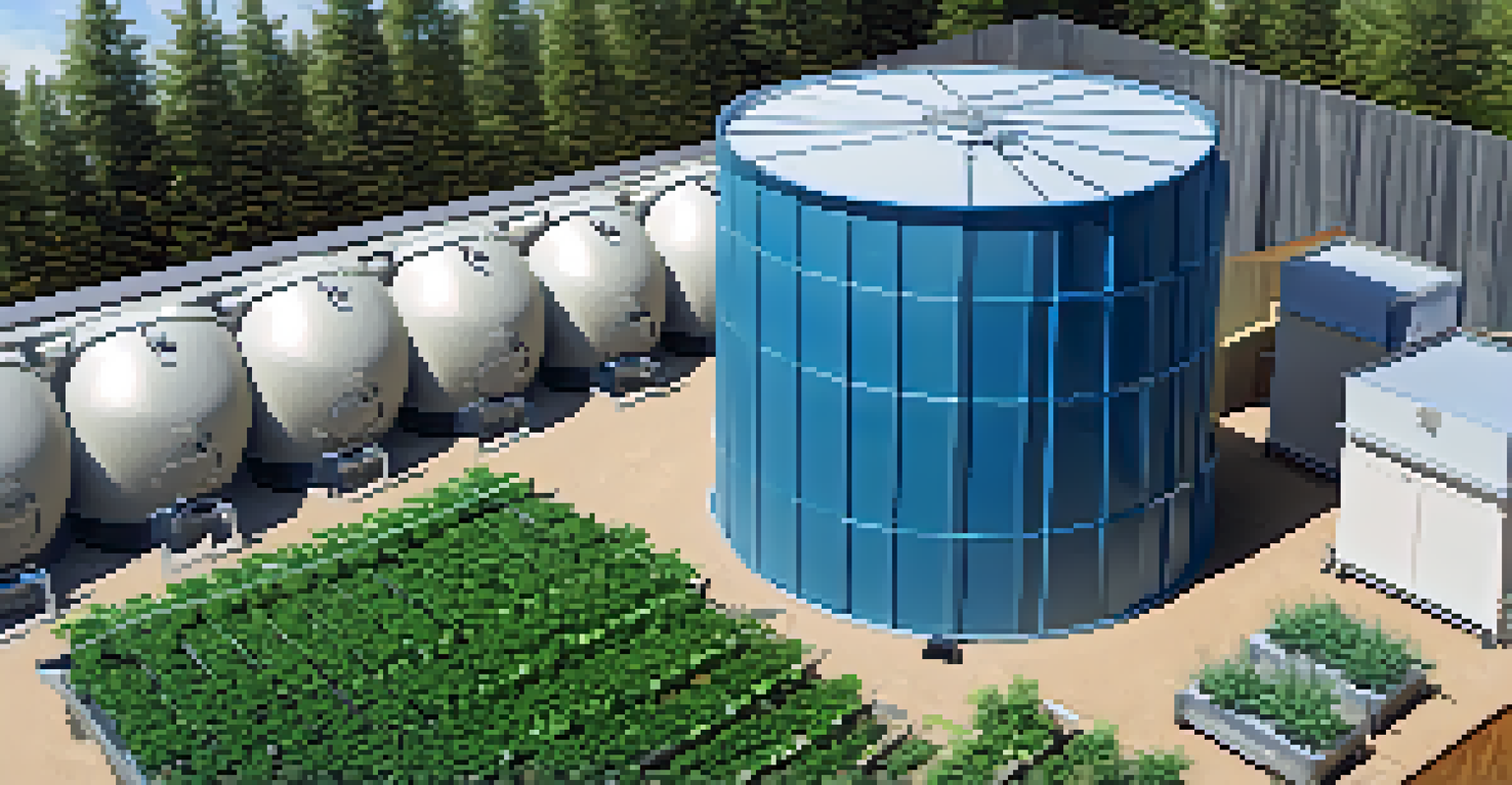 A rainwater harvesting system with barrels collecting rainwater, surrounded by healthy cannabis plants and a clear blue sky.