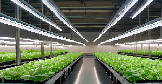 An indoor hydroponic farm with rows of green plants illuminated by bright LED lights, highlighting sustainable farming practices.