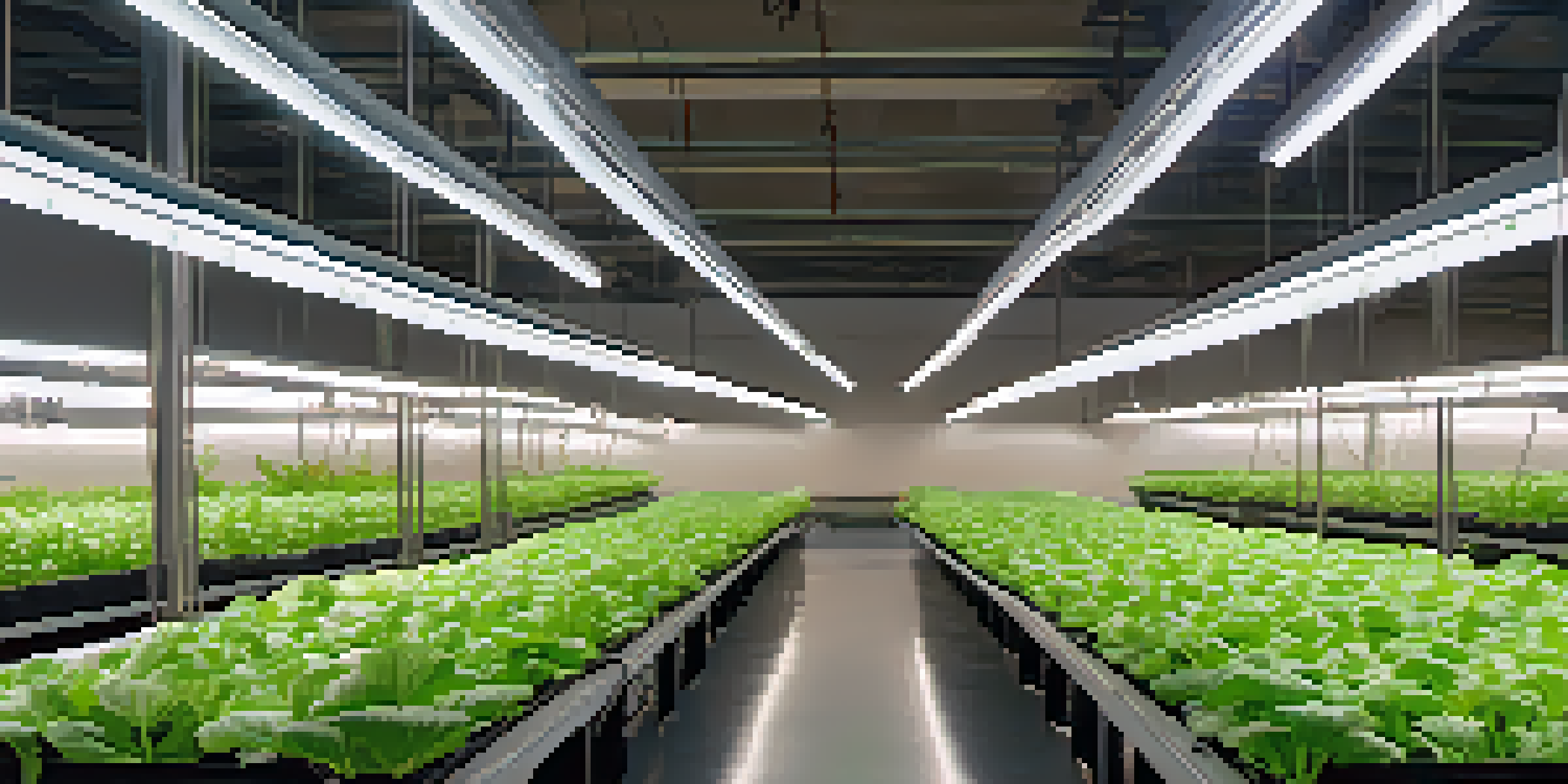 An indoor hydroponic farm with rows of green plants illuminated by bright LED lights, highlighting sustainable farming practices.
