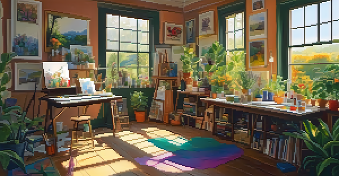 An artist's studio with a painter surrounded by art supplies and colorful paintings, illuminated by warm sunlight.