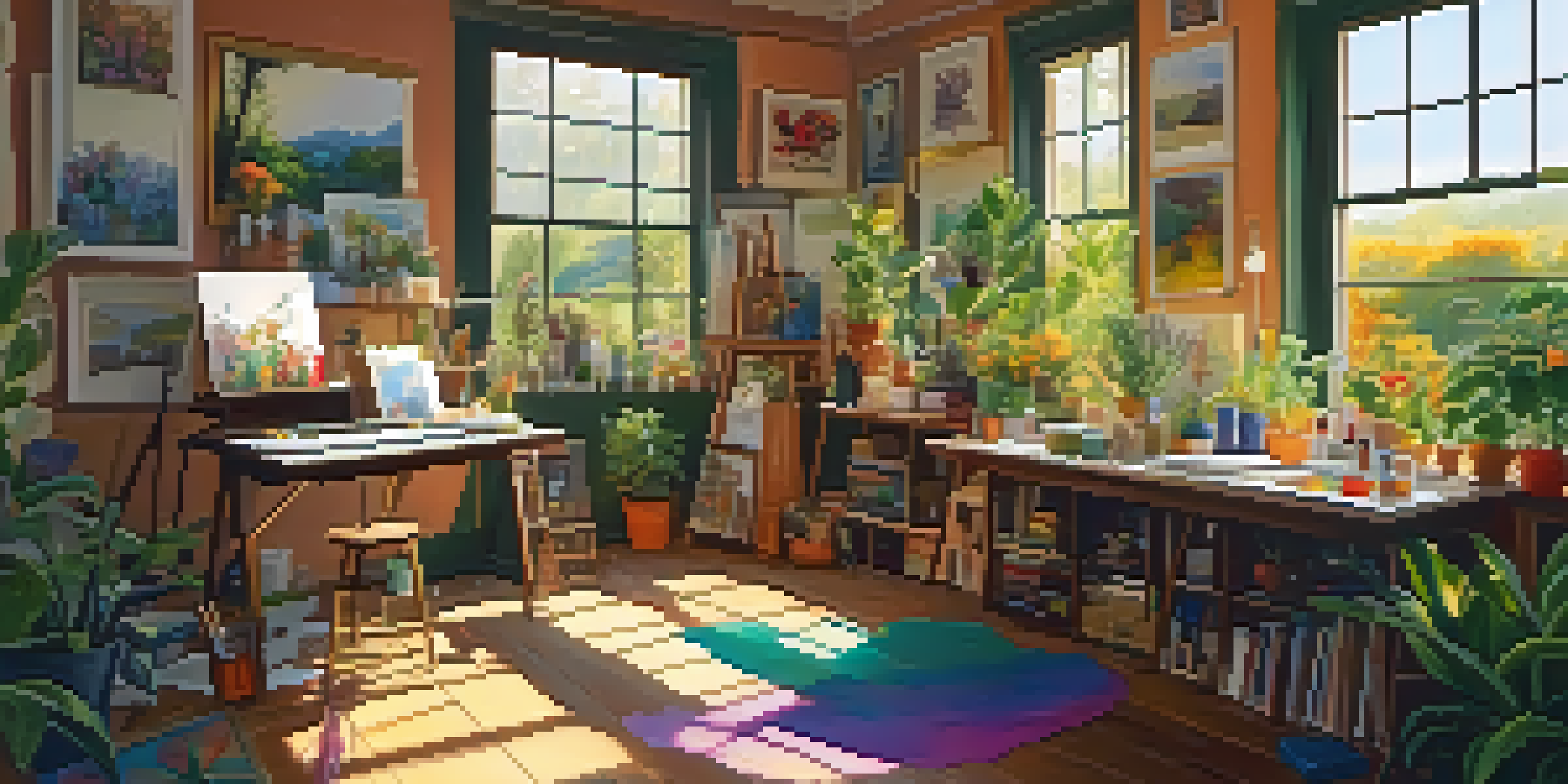 An artist's studio with a painter surrounded by art supplies and colorful paintings, illuminated by warm sunlight.