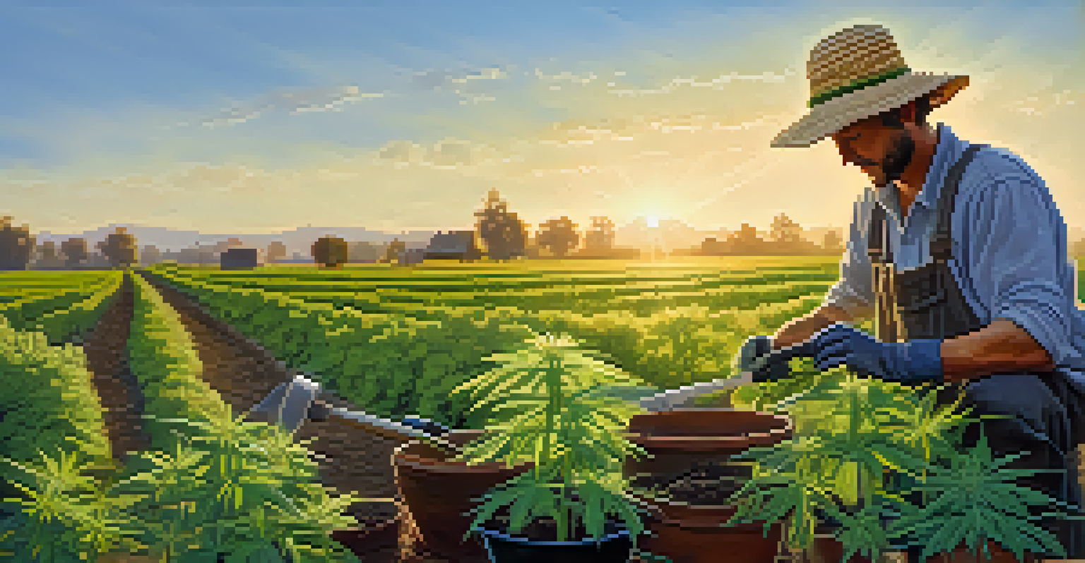 An organic farmer caring for a cannabis plant with natural compost in a sunlit garden.