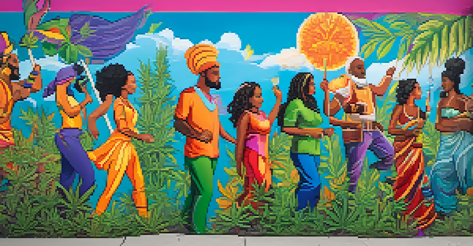 A colorful mural illustrating the evolution of gender roles in cannabis culture with diverse figures and symbols.