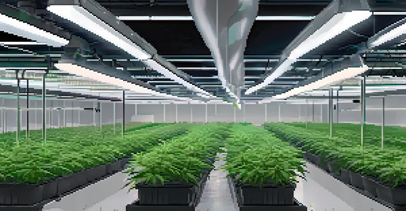 An indoor cannabis cultivation setup featuring advanced technology like smart sensors and automated irrigation systems, with rows of healthy plants under bright LED lights.
