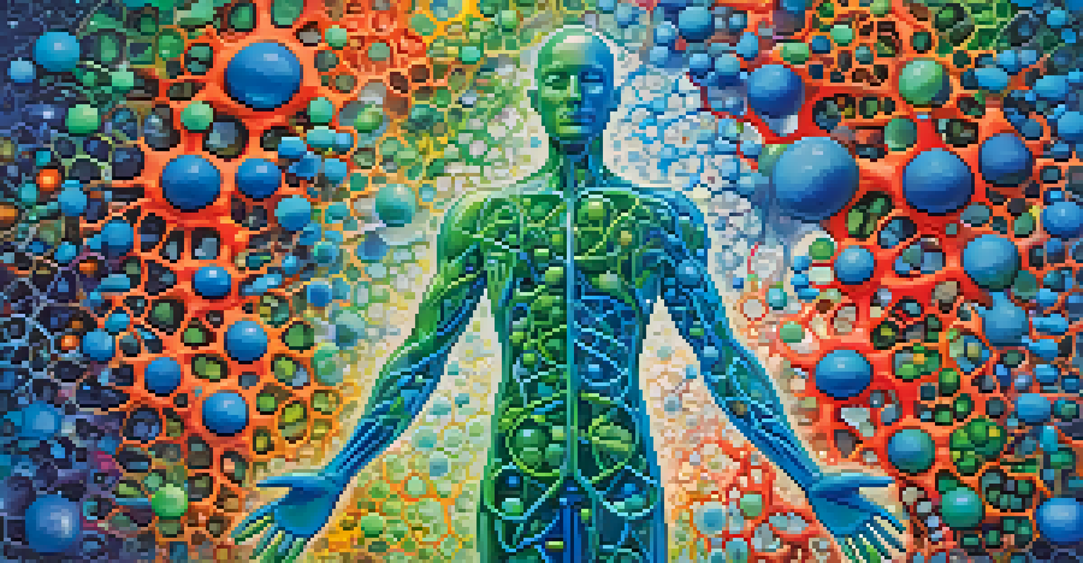 An artistic depiction of the human body surrounded by colorful molecular structures, illustrating the interaction of THC with the endocannabinoid system.