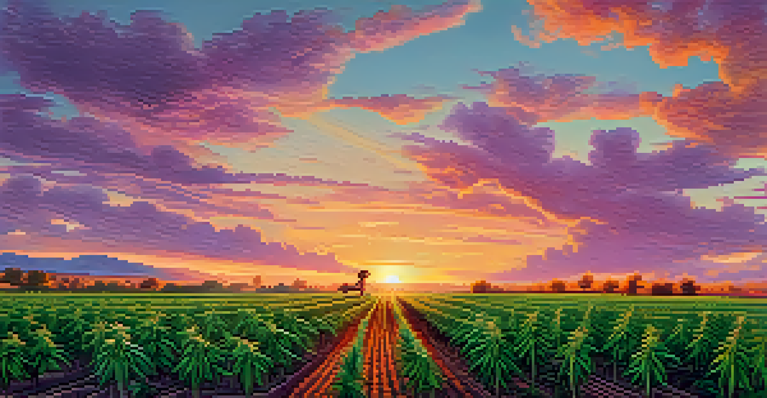 A tranquil sunset over a cannabis farm with lush green rows of plants and a farmer tending to the crops in the distance.