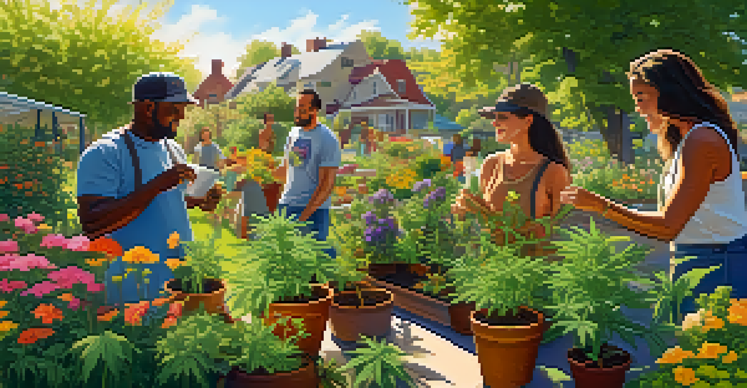 Neighbors in a community garden sharing gardening tips while tending to their cannabis plants, surrounded by greenery and flowers.