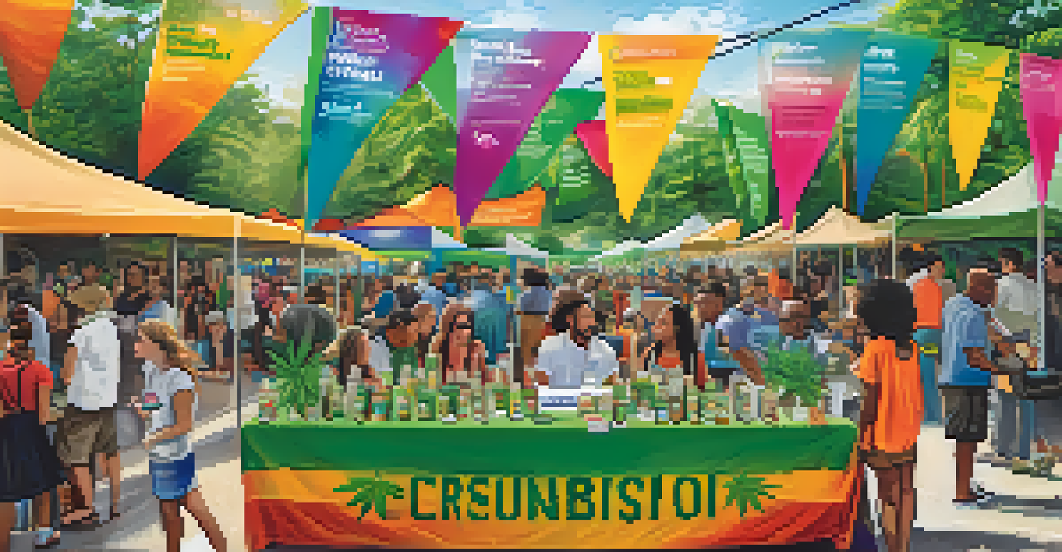 A community event about cannabis with people discussing and information displayed.