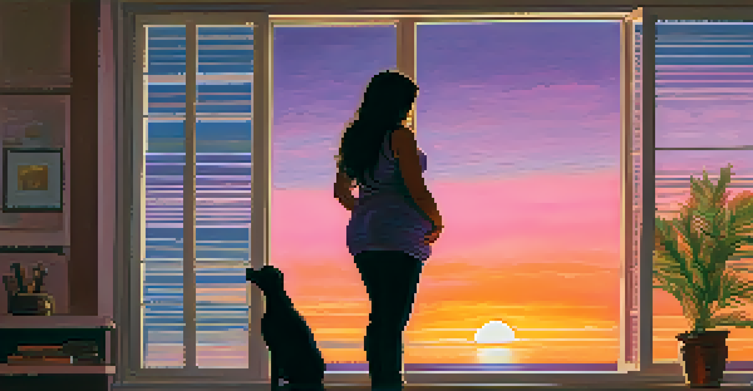 A pregnant woman standing by a window, gazing at a colorful sunset, with soft lighting creating a peaceful atmosphere.