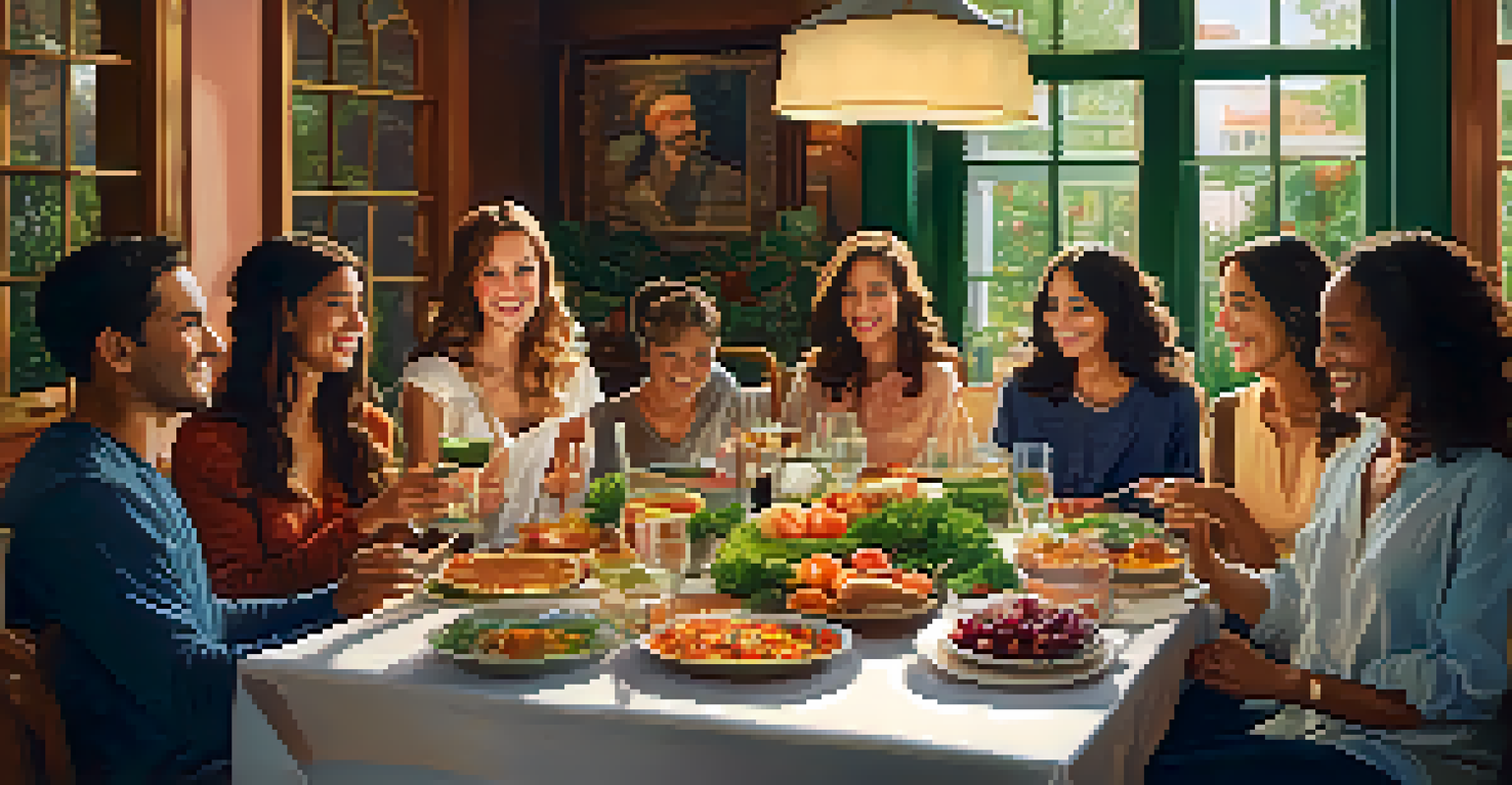 Friends gathered around a dining table filled with a mix of healthy and indulgent foods, enjoying each other's company.